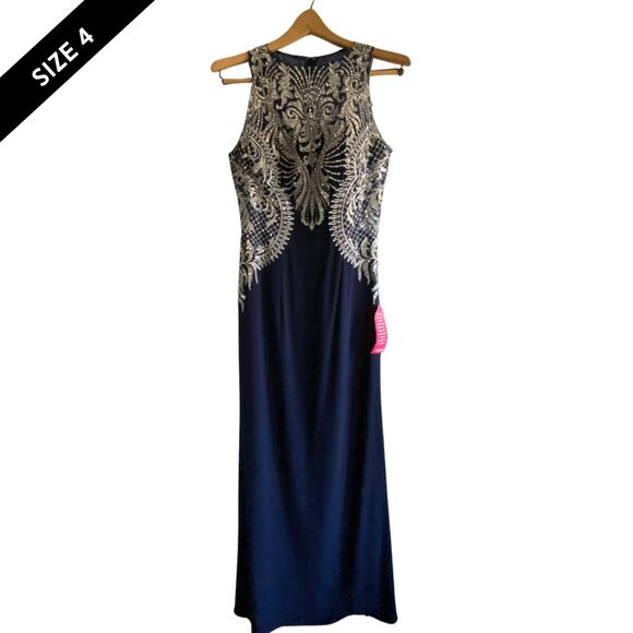Cachet Navy Blue Rhinestone Beaded Embroidered Long Formal Dress Gown Prom sz 4 - Picture 2 of 13